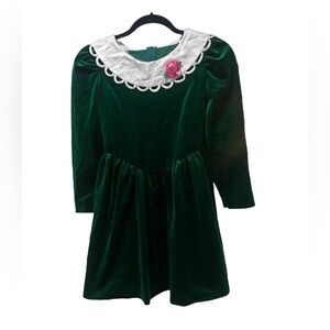 Vintage Green Velvet White Collar Pink Rose Miss Victoria Girls Dress Size 10.5